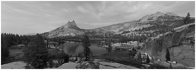 Upper Cathedral Lake, sunset. Yosemite National Park (Panoramic black and white)