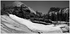 Bend of the Merced River in Upper Merced River Canyon. Yosemite National Park (Panoramic black and white)