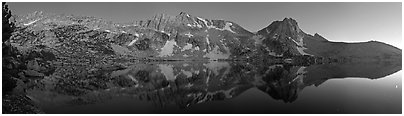 Chain of mountains above upper McCabbe Lake at dusk. Yosemite National Park (Panoramic black and white)