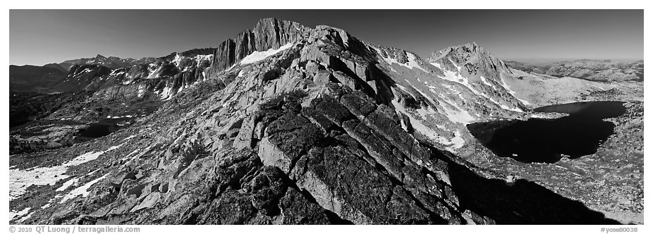 North Peak and Upper McCabe Lake from North Ridge. Yosemite National Park (black and white)