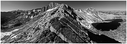 North Peak and Upper McCabe Lake from North Ridge. Yosemite National Park, California, USA. (black and white)