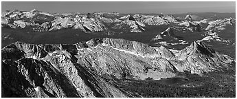 Ragged Peak range, Cathedral Range, and domes from Mount Conness. Yosemite National Park (Panoramic black and white)
