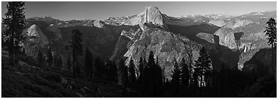 Tenaya Canyon, Half Dome, Nevada Falls, from Washburn Point. Yosemite National Park (Panoramic black and white)