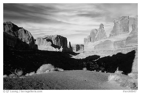 South park avenue, an open canyon flanked by sandstone skycrapers. Arches National Park, Utah, USA.