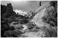 Sandy wash and rocks, Klondike Bluffs. Arches National Park, Utah, USA. (black and white)