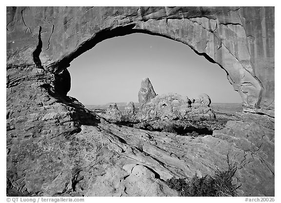 Turret Arch seen from rock opening. Arches National Park, Utah, USA.