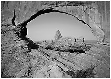 Turret Arch seen from rock opening. Arches National Park ( black and white)