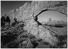 Windows with view of Turret Arch from opening. Arches National Park ( black and white)