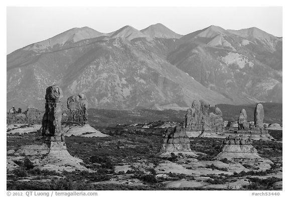 Sandstone pillars and La Sal Mountains. Arches National Park (black and white)