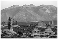 Sandstone pillars and La Sal Mountains. Arches National Park, Utah, USA. (black and white)