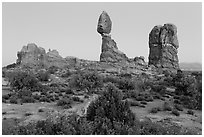 Balanced rock and other rock formations. Arches National Park, Utah, USA. (black and white)