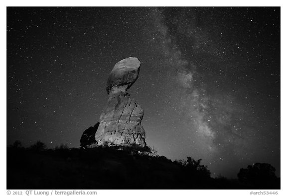 Balanced rock and stars. Arches National Park (black and white)