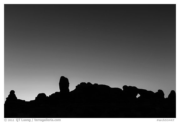 Windows Group silhouette at dawn. Arches National Park (black and white)