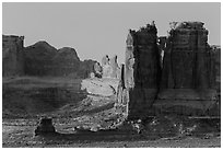 Organ and Courthouse Towers at sunrise. Arches National Park ( black and white)