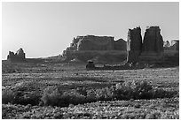 Courthouse Wash and sandstone fins. Arches National Park, Utah, USA. (black and white)