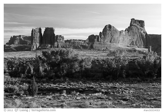 Cottonwoods of Courthouse Wash and Courthouse Towers. Arches National Park, Utah, USA.