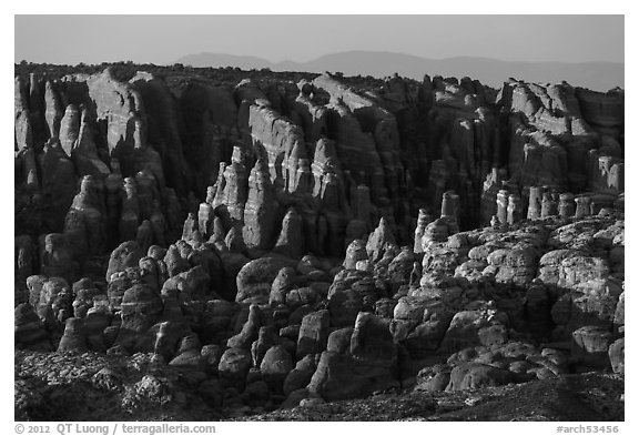 Fiery Furnace fins on hillside. Arches National Park (black and white)