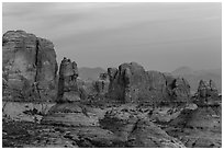 Entrada Sandstone towers seen from Garden of Eden at sunset. Arches National Park ( black and white)