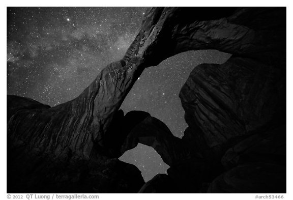 Double Arch at night with Milky Way. Arches National Park (black and white)