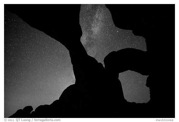 Double Arch with starry sky and Milky Way. Arches National Park (black and white)
