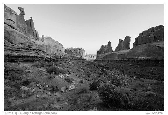 Park Avenue at sunrise. Arches National Park (black and white)