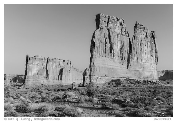 Tower of Babel and Organ at sunrise. Arches National Park (black and white)