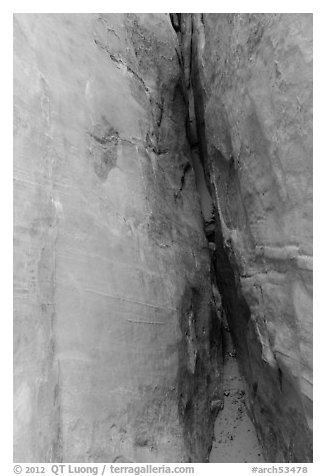 Narrow space between two fins near Sand Dune Arch. Arches National Park (black and white)