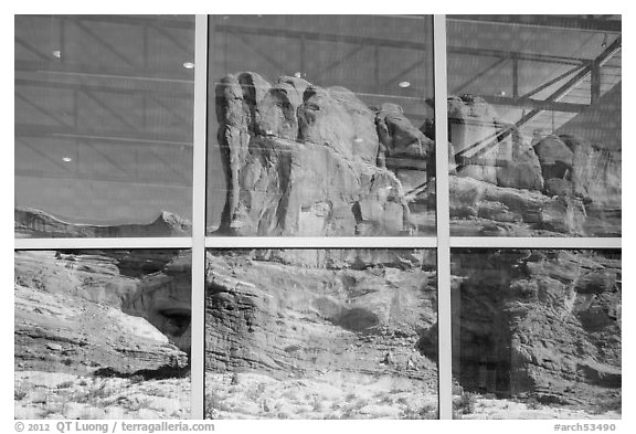 Sandstone walls, Visitor Center window reflexion. Arches National Park (black and white)