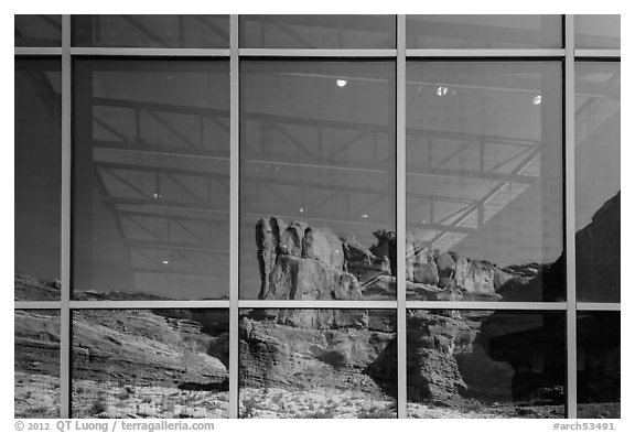 Cliffs, Visitor Center window reflexion. Arches National Park, Utah, USA.