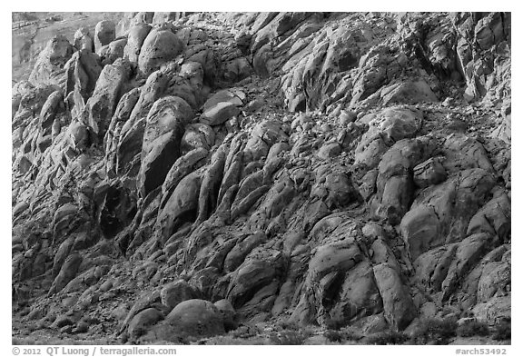 Jumble of boulders on slope. Arches National Park (black and white)