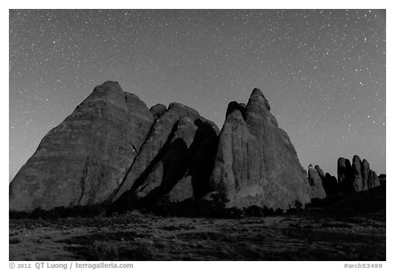 Fins at night with Milky Way. Arches National Park (black and white)