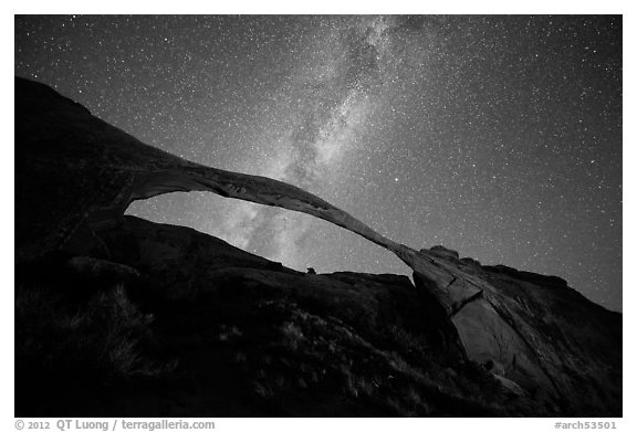 Landscape Arch bissected by Milky Way. Arches National Park (black and white)