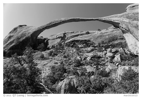 Landscape Arch with fallen rocks. Arches National Park (black and white)