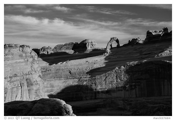 Delicate Arch and Winter Camp Wash Amphitheater. Arches National Park (black and white)