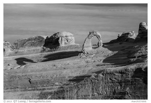 Delicate Arch and Frame Arch, early morning. Arches National Park, Utah, USA.