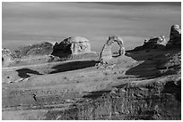 Delicate Arch and Frame Arch, early morning. Arches National Park, Utah, USA. (black and white)