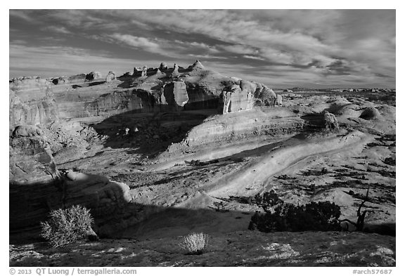 Entrada Sandstone basin with Delicate Arch in distance. Arches National Park, Utah, USA.