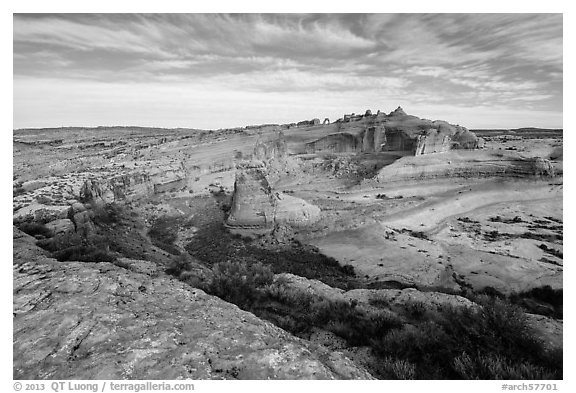 Winter Camp Wash and Delicate Arch. Arches National Park (black and white)