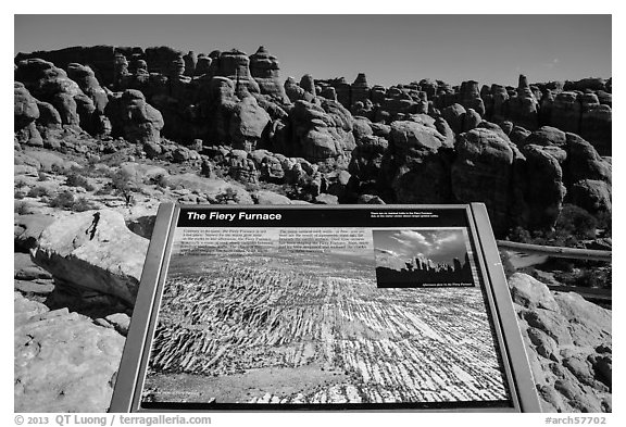 Interpretative sign, Fiery Furnace. Arches National Park, Utah, USA.