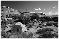 Tent camping. Arches National Park, Utah, USA. (black and white)