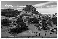 People walking in Devils Garden  Campground. Arches National Park, Utah, USA. (black and white)