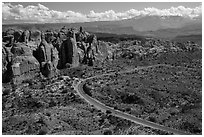 Scenic road and Fiery Furnace fins. Arches National Park, Utah, USA. (black and white)