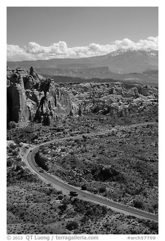 Scenic road, Fiery Furnace, and La Sal mountains. Arches National Park, Utah, USA.