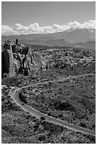 Scenic road, Fiery Furnace, and La Sal mountains. Arches National Park, Utah, USA. (black and white)