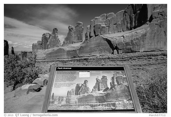 Interpretive sign, Park Avenue. Arches National Park (black and white)