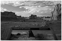 Intepretative sign, Courthouse towers. Arches National Park, Utah, USA. (black and white)