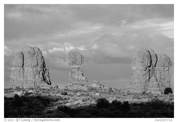 Balanced rock and fins. Arches National Park (black and white)