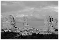 Balanced rock and fins. Arches National Park, Utah, USA. (black and white)