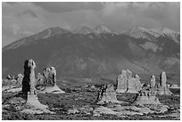 Fins and La Sal mountains. Arches National Park, Utah, USA. (black and white)
