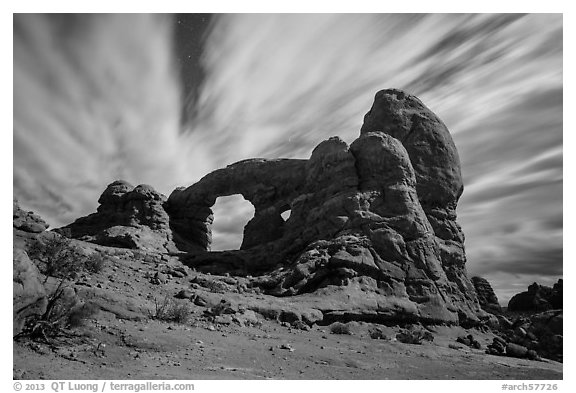 Turret Arch at night, lit by moon. Arches National Park (black and white)
